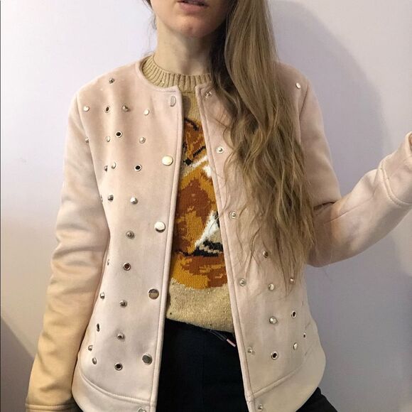 Zara Pastel Pink Faux Suede Studded Jacket Size S Collarless - Picture 4 of 14